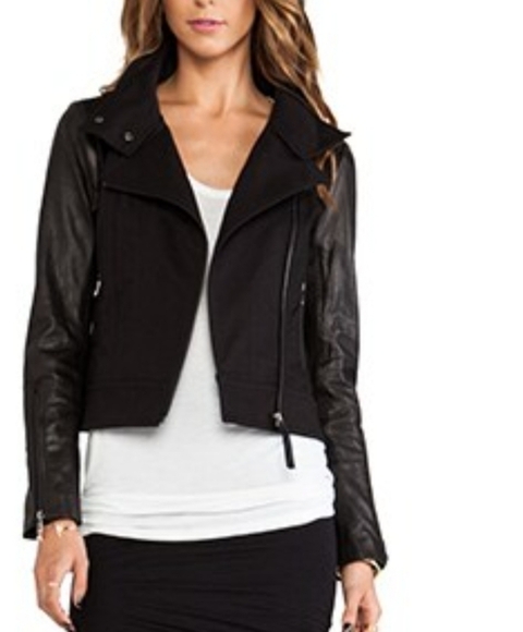 Mackage Andra Moto Jacket in Black Denim with Lamb Leather Sleeves Small - Picture 2 of 12